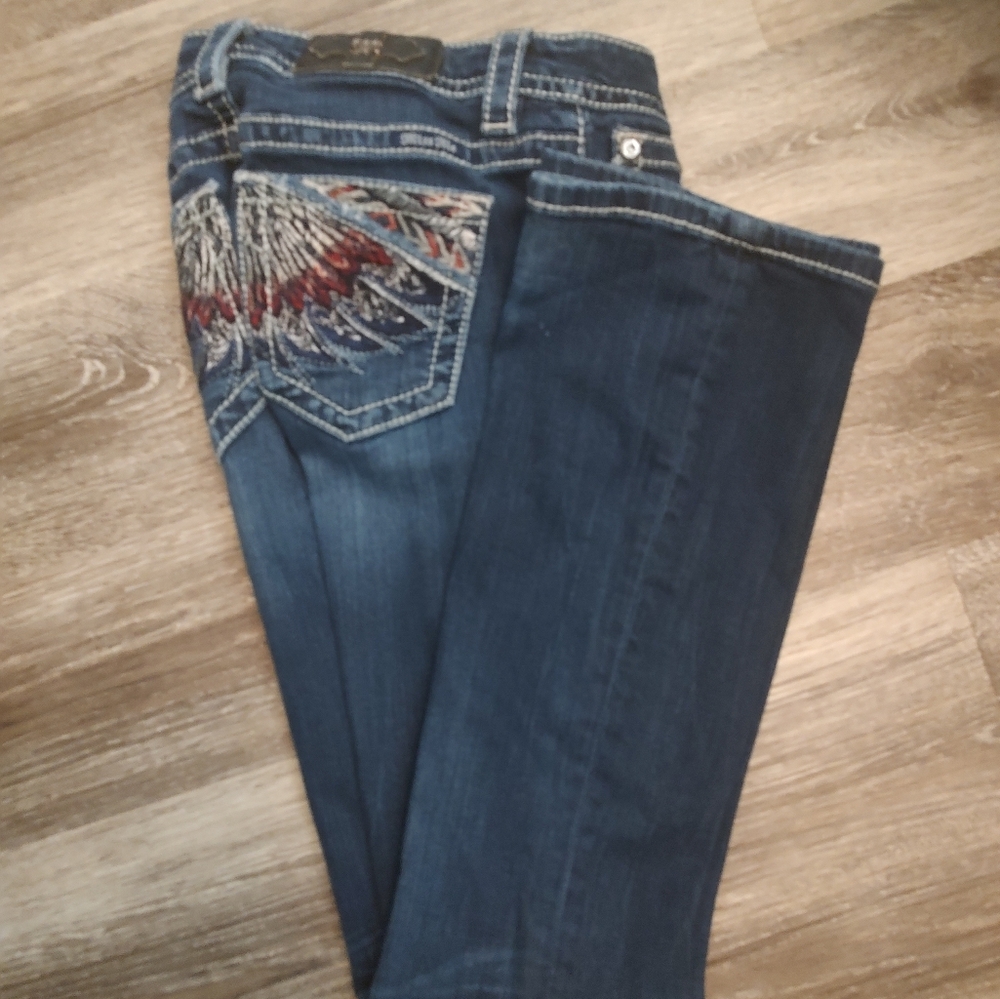 Miss Me Dark Blue Boot Cut Jeans with Embroidered Wing Pockets